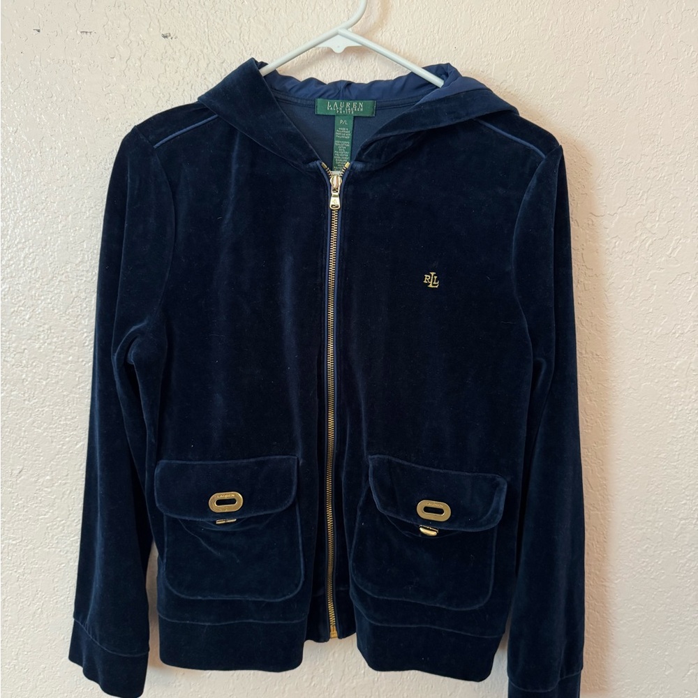 Ralph Lauren Navy Velour Zip-Up Hoodie with Gold Accents